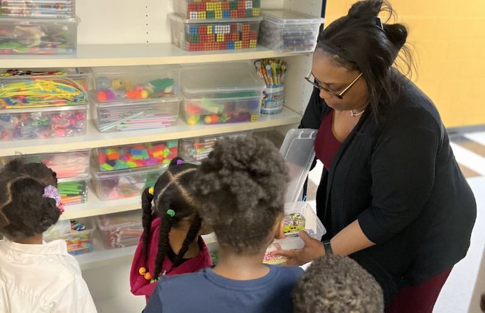  Students receiving rewards from the PBIS cart