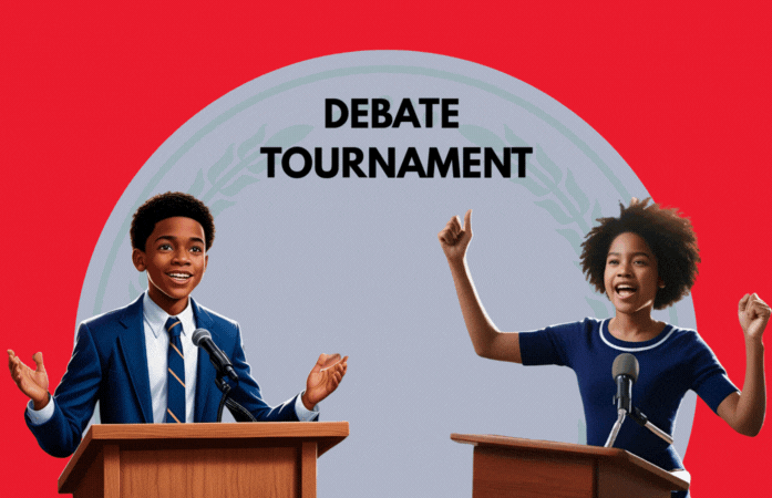   Two students speaking behind podiums