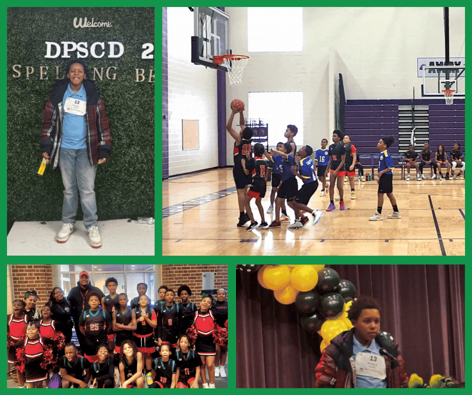 Photo collage of student shooting a basketball through loop, orally spelling words,  and standing with team